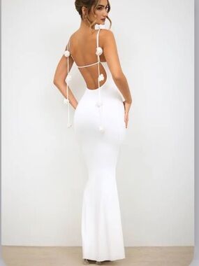 Oh Polly Aldona Slinky Jersey Rose Detail Evening Gown in White NWT